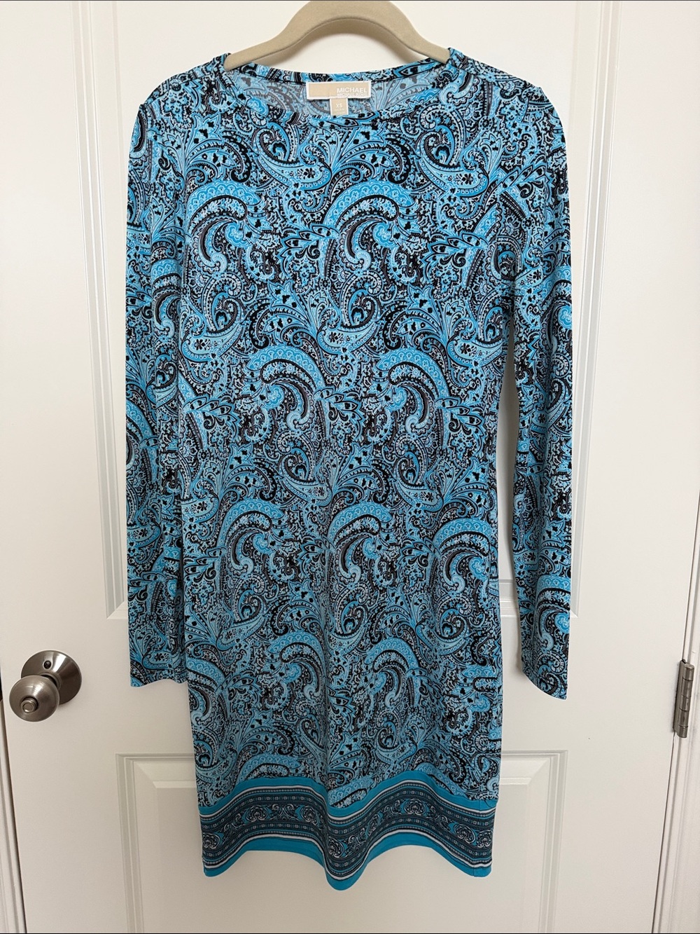 Michael Kors Turquoise and Black Paisley Long-Sleeve Shift Dress